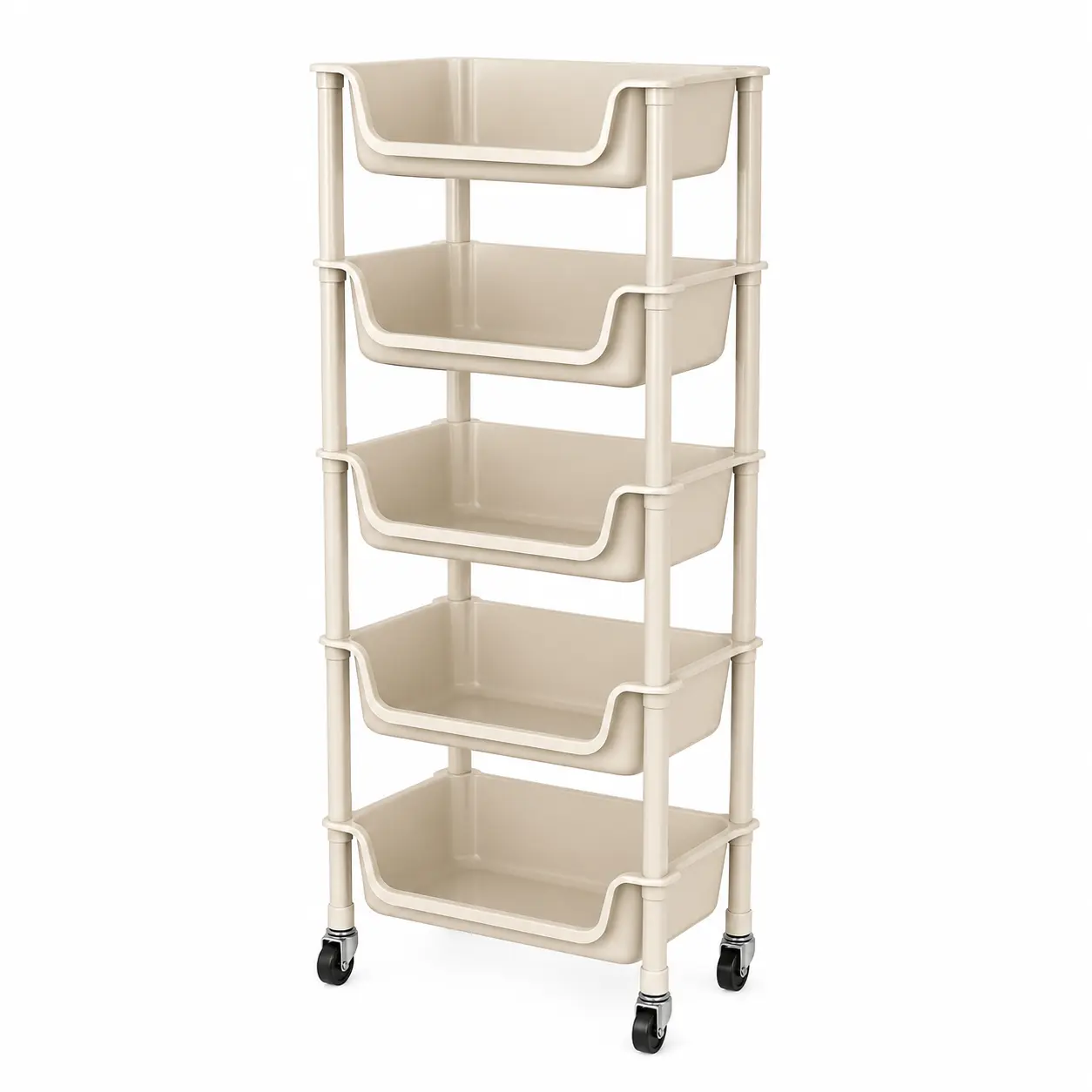 5-Tier Slim Rolling Mobile Storage Cart with Wheels, Multi-Layered Organizer Shelf with Industrial Handle & Baskets for Kitchen, Bathroom Organizing metal utility