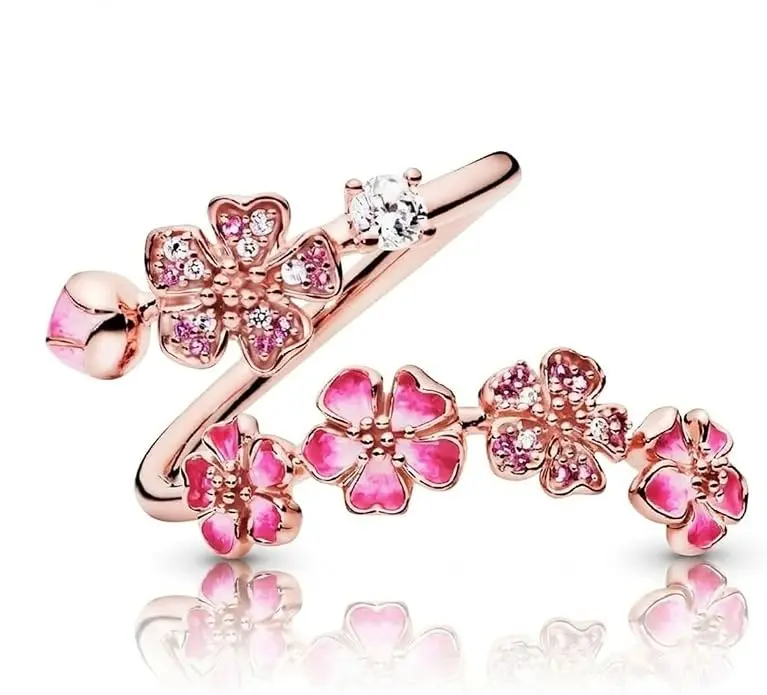 Peach Blossom Adjustable Ring for Women, Pink Flower Open Band Ring, Minimalist Floral Jewelry for Everyday Wear, Vacation & Gift