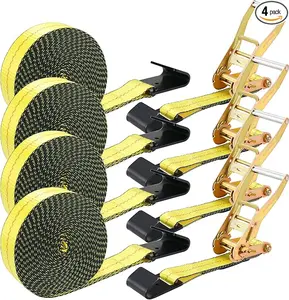4 Pack 2 in x 27 FT Flat Hook Ratchet Straps ，11,000 lbs Break Strength，Heavy Duty Tie Down Straps for Trucks ,Orange/Yellow