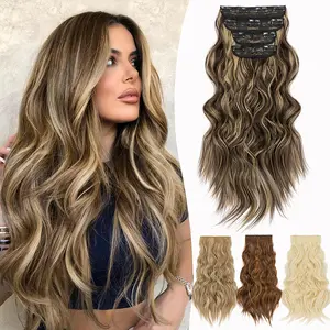 4 PCS Clip in Hair Extensions 22" Thick Long Wavy Hair Extensions Invisible Lace Weft Natural Soft Full Head Synthetic Clip in Hairpieces for Women
