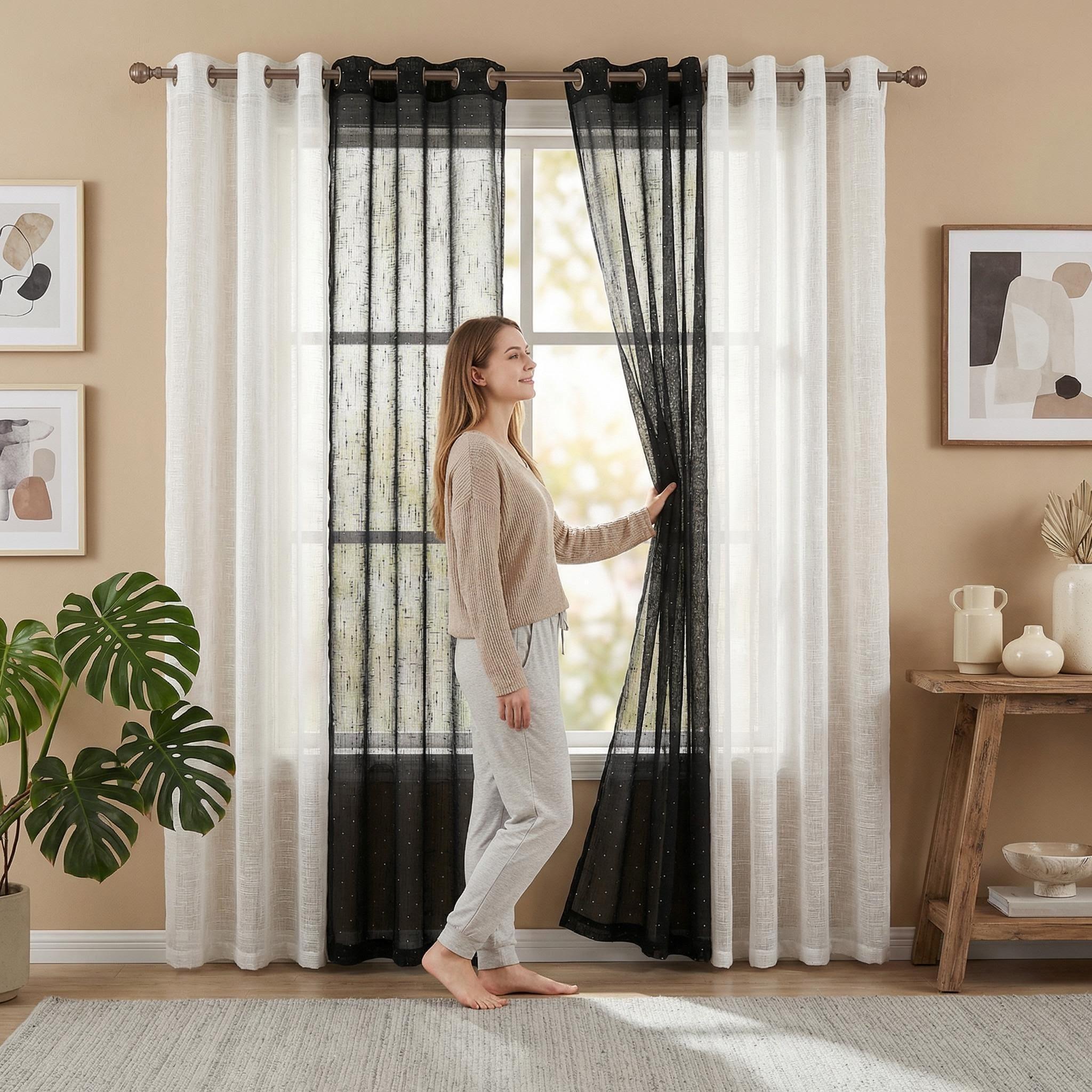 Curtain Club 8 Panels 34X84 Inch Diamond Beaded Twill + Full-Length Chiffon Curtain Set. Each style contains 4 pieces. All are plain chiffon fabric, translucent, with iron rings, woven, rod type, FT2930 + L12