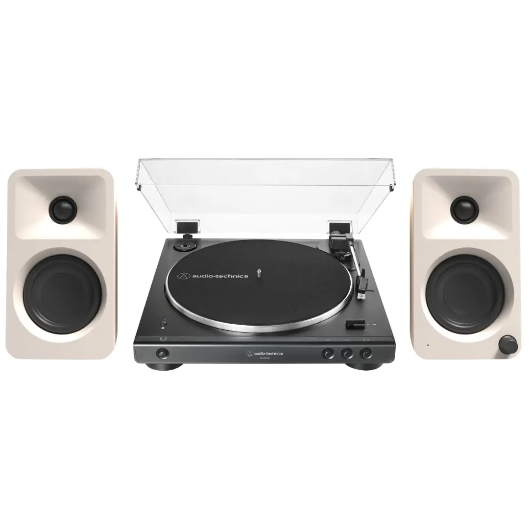 Kanto ORAME 100W Powered Reference Desktop Computer Stereo Speakers (Cream) with Amplifier, 60XBT-BK Fully Automatic Belt-Drive Bluetooth Vinyl Turntable & Digital Capabilities - USB Type-C Sound Upgrade Combo System Speakers Bundle