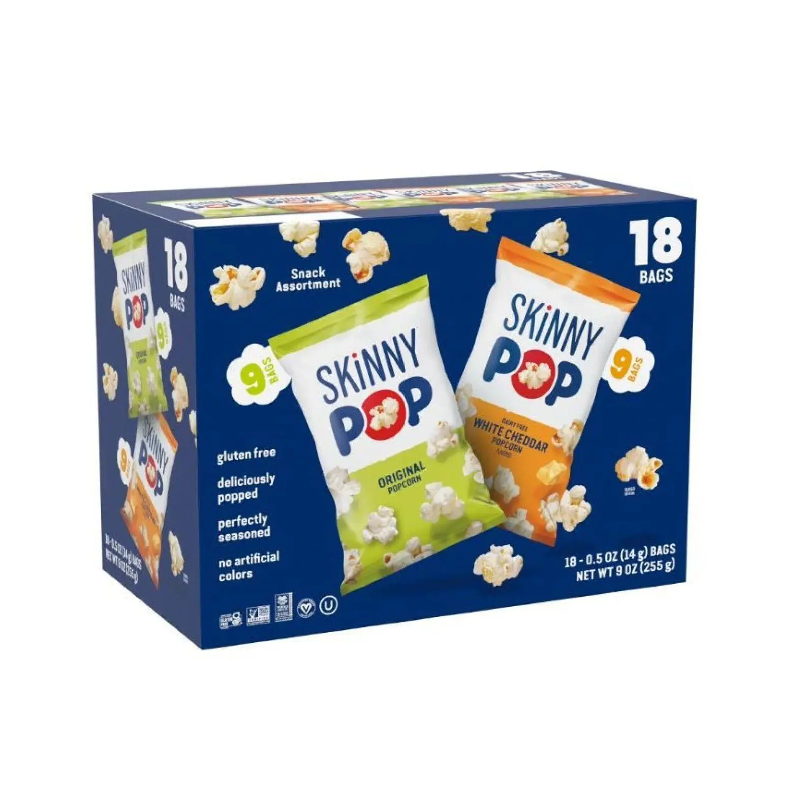 SkinnyPop Popcorn Variety Pack - Gluten-Free Original & White Cheddar, 0.5oz Bags 18 Count - Snack Size, Lunchbox Ready, Non-GMO