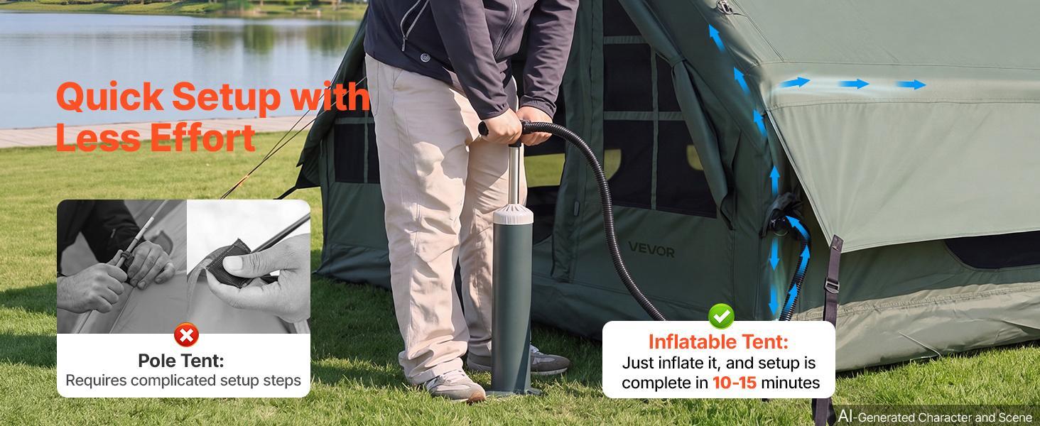 【BackToSchool】VEVOR Inflatable Tent for Camping 5-8 Person Blow Up Tent with Hand Pump, for Family Outdoor Glamping, Waterproof 420D Oxford, Easy Setup Air House with Skylight, Stove Jack, Mesh Windows & Carry Bag