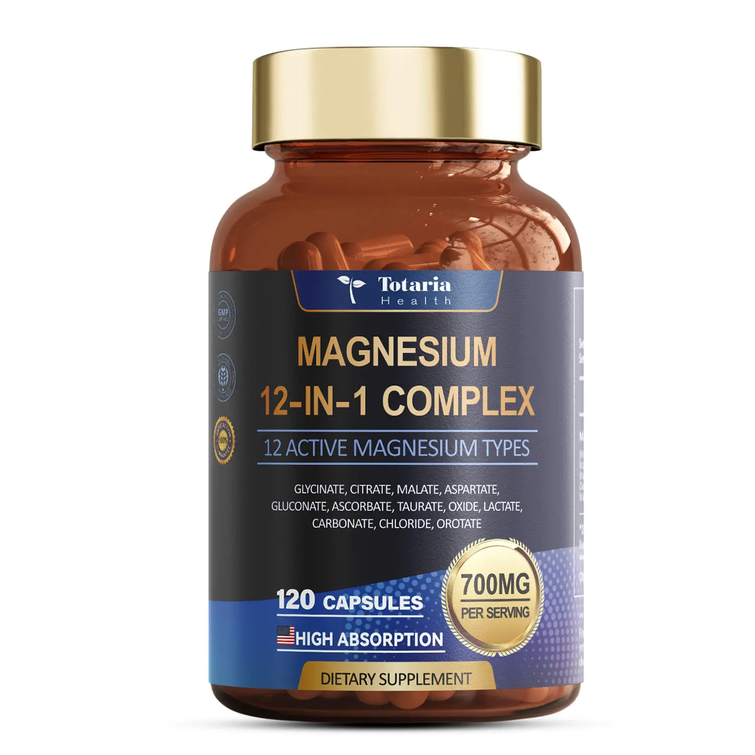 Totaria 12-in-1 700mg Magnesium Complex - Glycinate Citrate Malate Oxide Taurate Aspartate Orotate, Vegan Capsules for Muscle, Heart, and Relaxation S