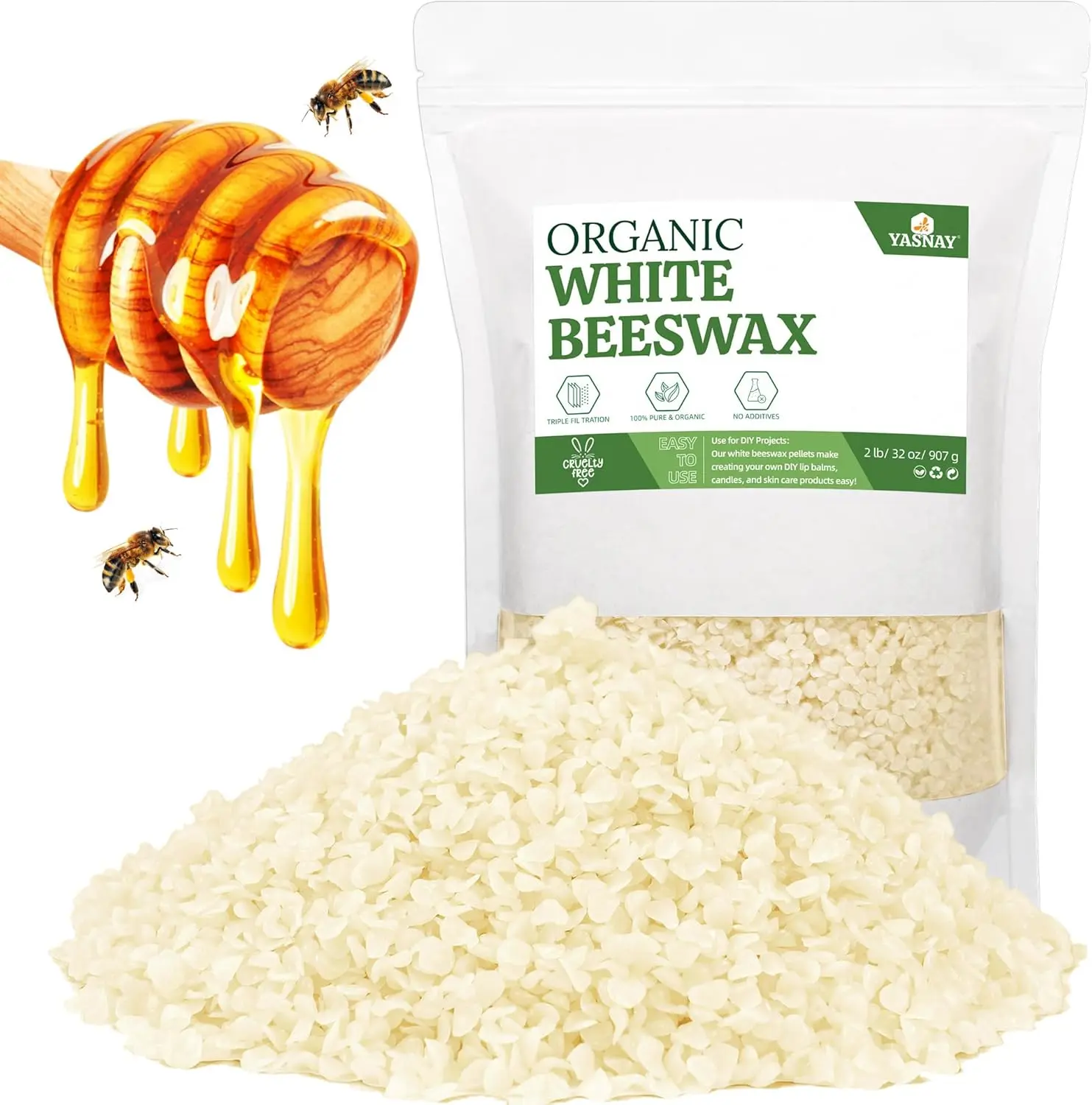 White Beeswax Pellets 2LB, Organic Beeswax, Bees wax for Candle Making, Body, Skin Care DIY, Lip Balm and Soap Making Supplies