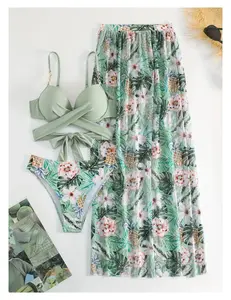 Women's 3 Piece Swimsuit - Floral Push Up Bikini Set with Cover Up, High Waist Bathing Suit, Sexy Beach Swimwear for Women, Summer Vacation Outfits