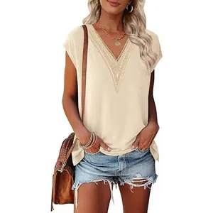 MEROKEETY Women's Casual Cap Sleeve Lace Trim V Neck Tops 2025 Summer Loose Tee Shirts Blouse