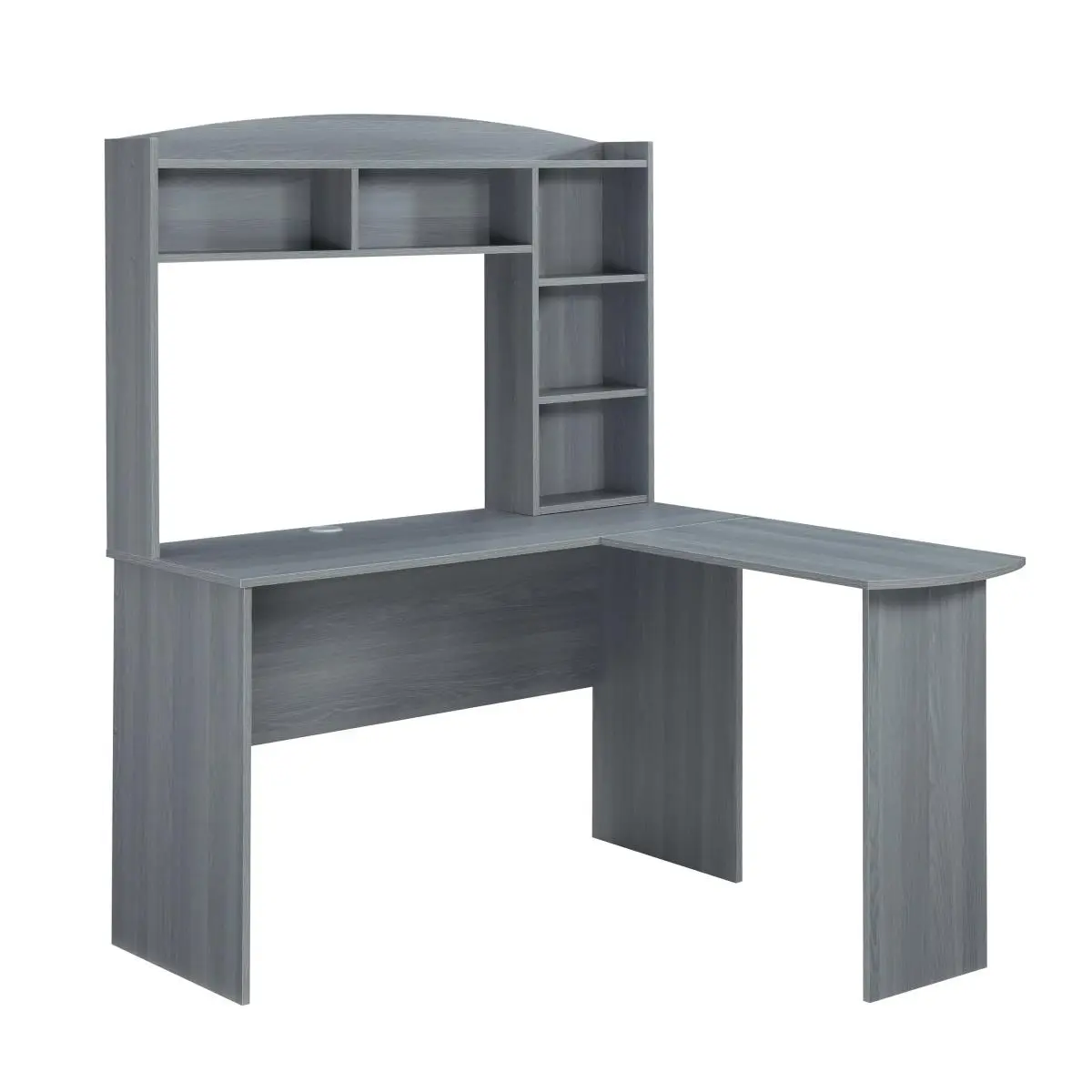 Techni Mobili Modern L-Shaped Computer Working Desk with Hutch - Grey Office Furniture, Corner Desk, L-Shape Armoire, Grey Laminate Laminated Surface, Supports 110lbs Weight Limit