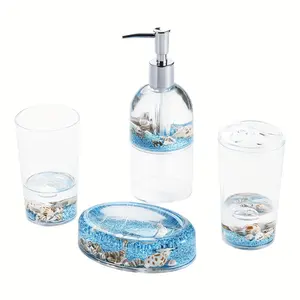 New Locco Decor 4 Pieces Acrylic Liquid 3D Floating Motion Bathroom Vanity Accessory Set Tumblr Cup Toothbrush Holder Soap Dispenser Ocean Shell Dolphin Theme Garden Theme Flower