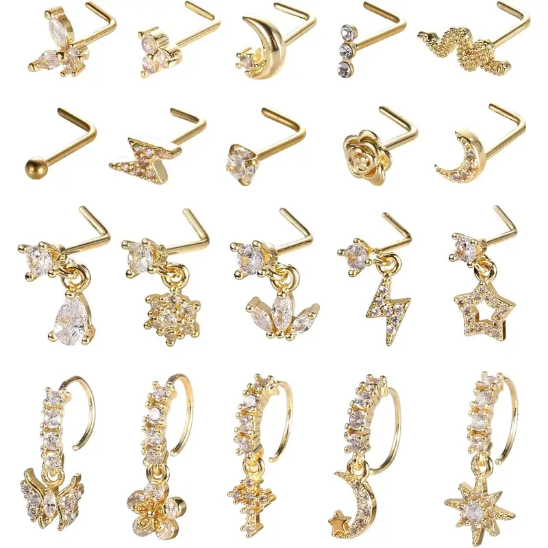 20Pcs 20G Gold Tone Nose Rings Set for Women, Stainless Steel L Shaped Nose Studs & C Shaped Dangle Rings, CZ Butterfly Flower Moon Star Nostril Piercing Jewelry