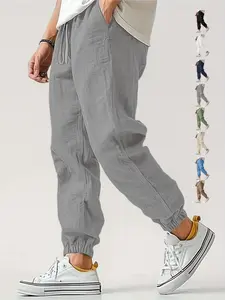 Men's casual linen long pants, loose fit with elasticized cuffs, summer beach pants, lightweight and breathable fabric, perfect for daily wear and outdoor sports pants.