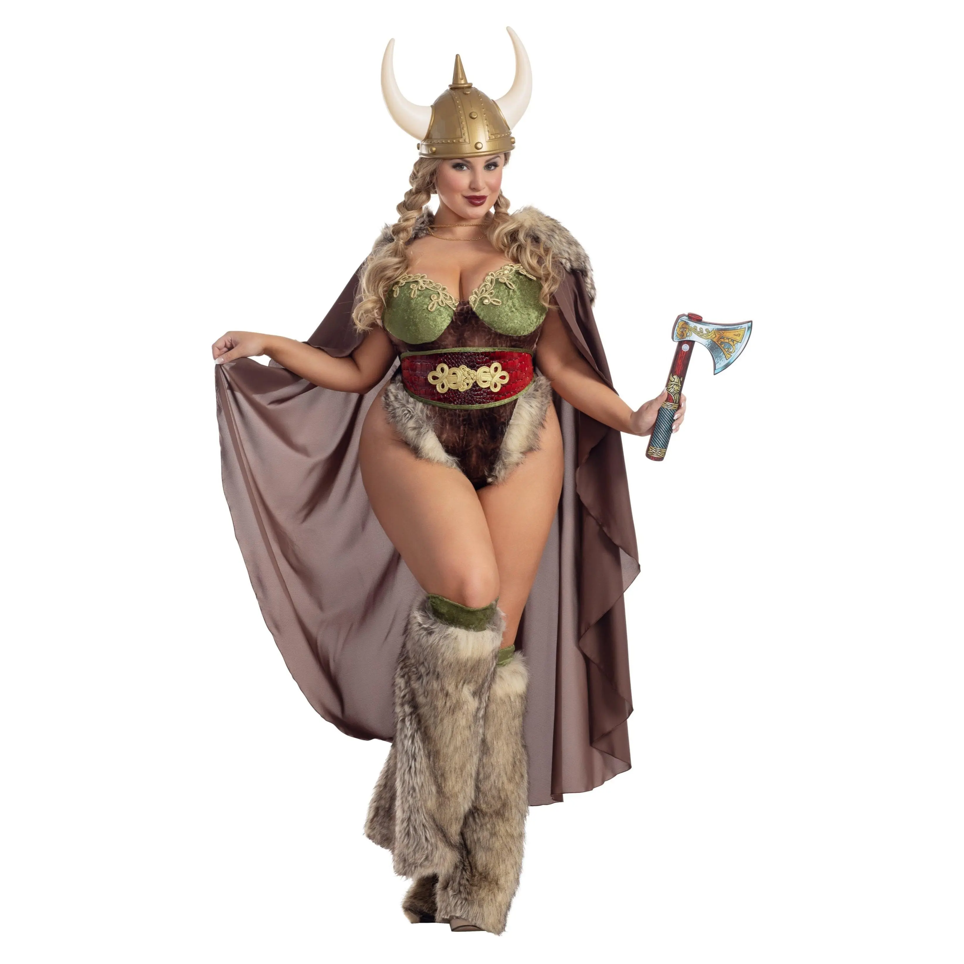 Women’s Plus-Size Fierce Viking Warrior Halloween Costume with Furry, Golden, Velvet Teddy Accessories