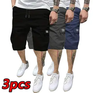 Men’s casual work shorts — black, regular fit, with multifunctional pockets, made from lightweight, durable polyester fabric at a mid waist, suitable for summer training, outdoor and casual wear; sports shorts without an elastic waistband.