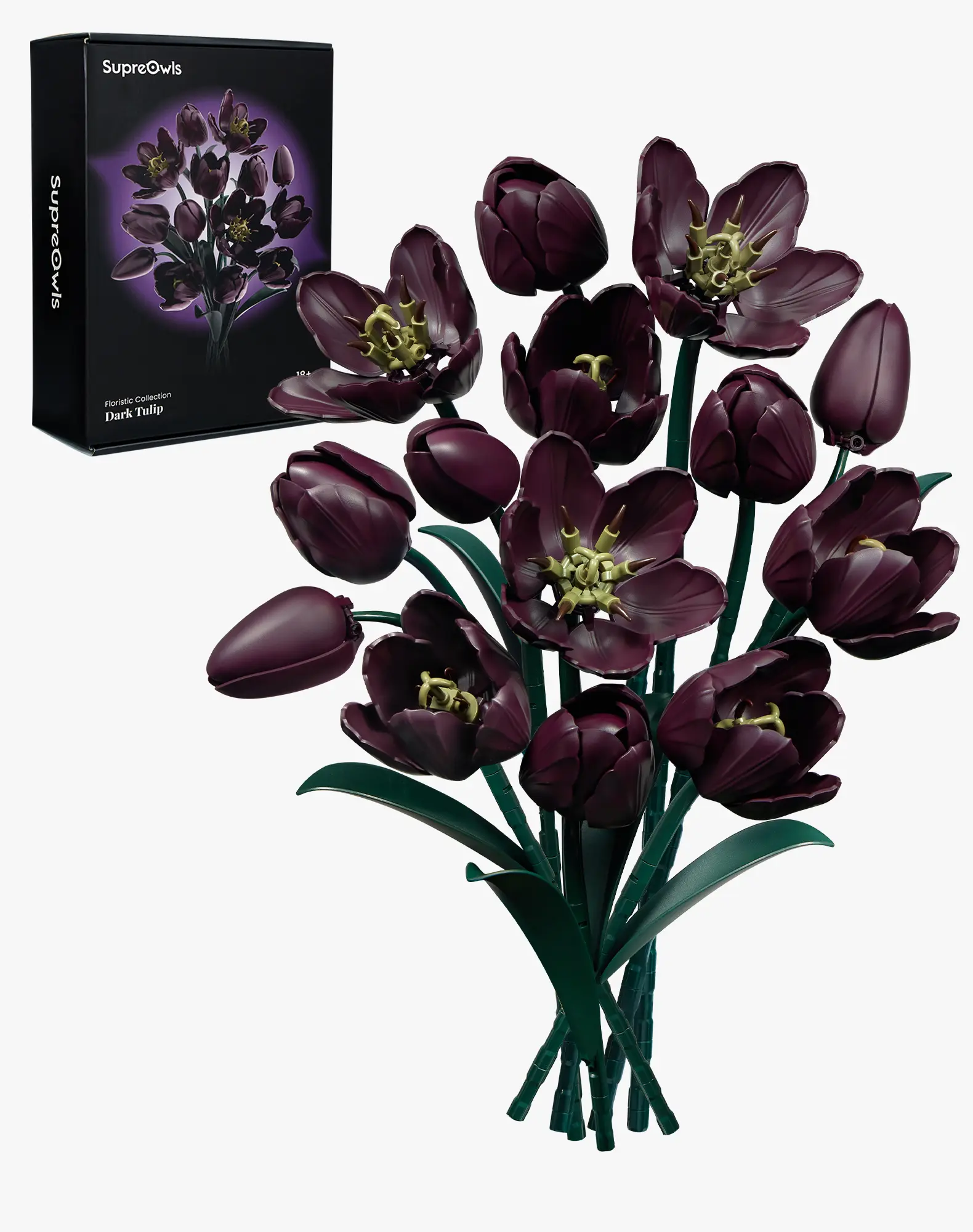 SupreOwls Dark Purple Tulip Artificial Plant Bouquet Building Set, Gifts for Girlfriend, Mother's Day Gift, Home Room Table Decoration Blocks Toy for Adult Women, Room Decor, Womens Gifts