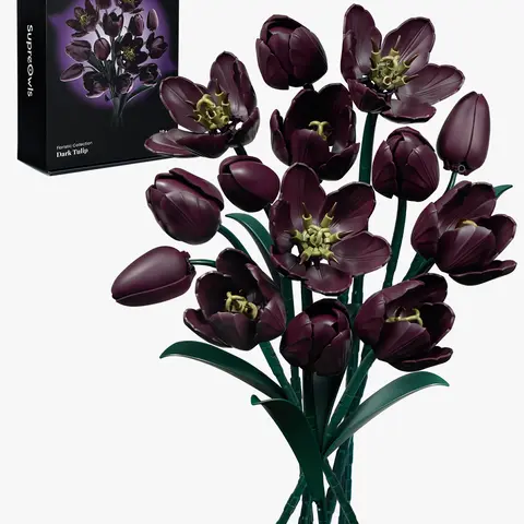 SupreOwls Gothic Dark Purple Tulip Artificial Flower Bouquet DIY Building Blocks Toy, Hyperrealism Lifelike Texture Decorative Feminine Gothic Plants, Adults’ Gifts for Girlfriend Anniversary/Birthday Home Table Decor