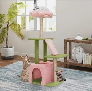 DWVO 48" Cat Condo Pet Climbing Tower Kitty House with Top Perch & Scratching Post, Pink&Green / Purple&White