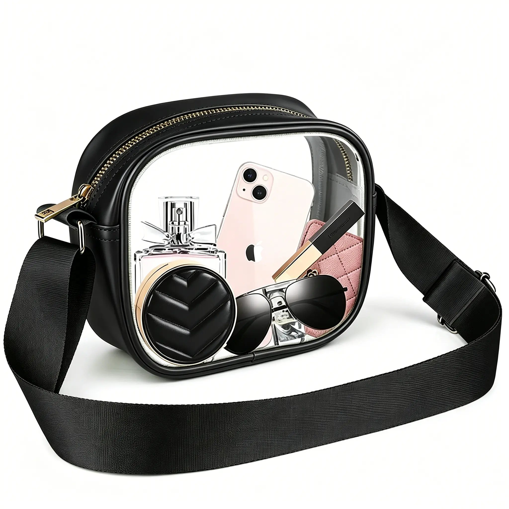Stadium Approved Clear Crossbody Bag - Waterproof PVC Fashion Clear Purse with Premium Leather Trim for Game Day, Concerts, Festivals, Beach, Swimming, Airport Travel & Daily Use
