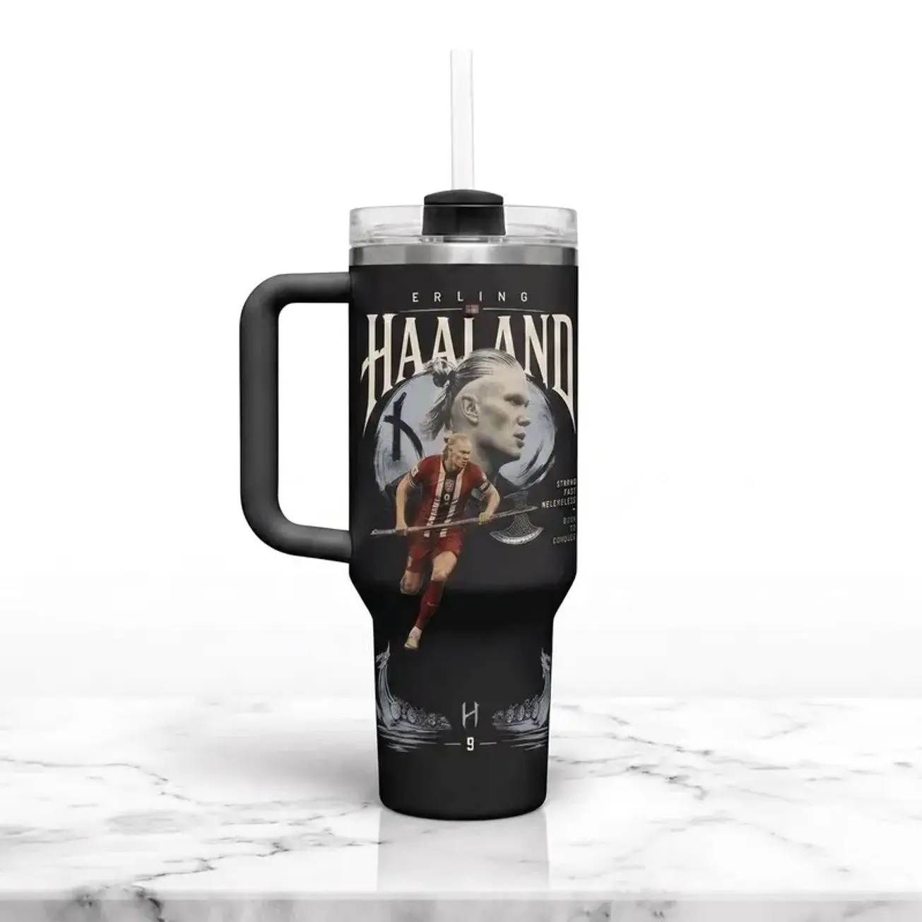 Haaland "Born to Conquer" 40oz Stainless Steel Tumbler – Football Legend Double Wall Insulated Travel Mug, Soccer Fan Gift Cup