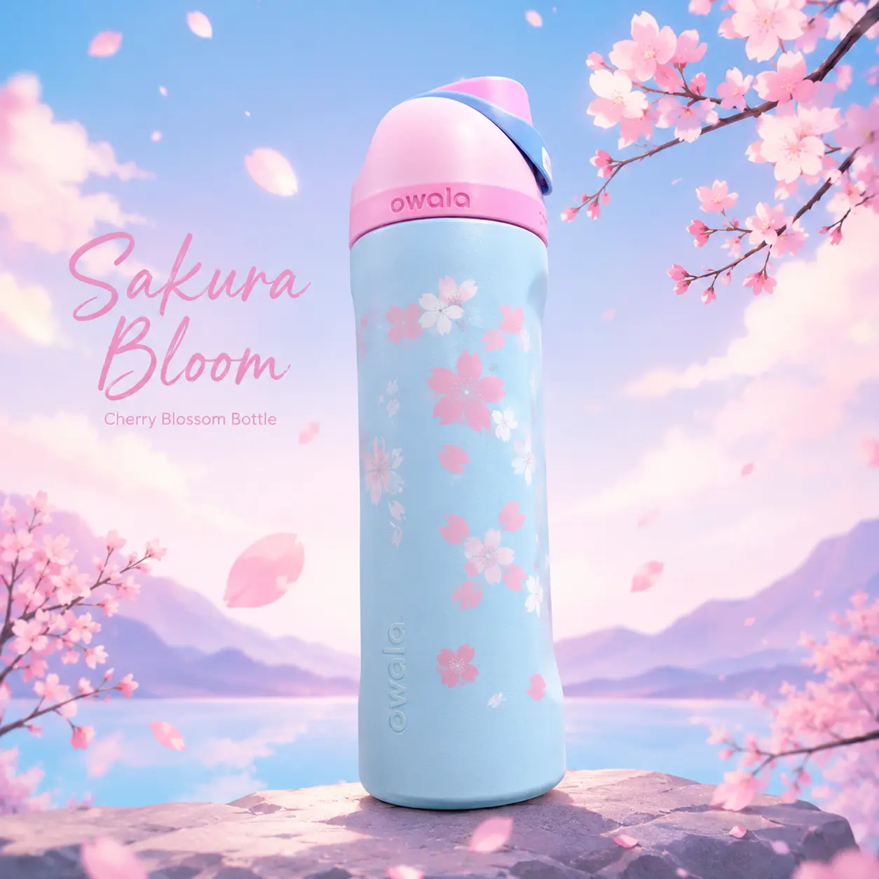 Owala x Starbucks Sakura FreeSip 24 oz Insulated Water Bottle with Built-In Straw – Pink Blue Cherry Blossom Design