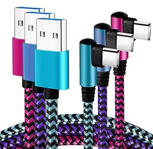 Teeind USB Type C Cable 2.1A Fast Charging: [90 Degree/6ft/3Pack] Nylon USB C Cord Right Angle Compatible with Samsung Galaxy S23/S22/9/Note 10, USB C Charger-Blue/Magenta/Purple