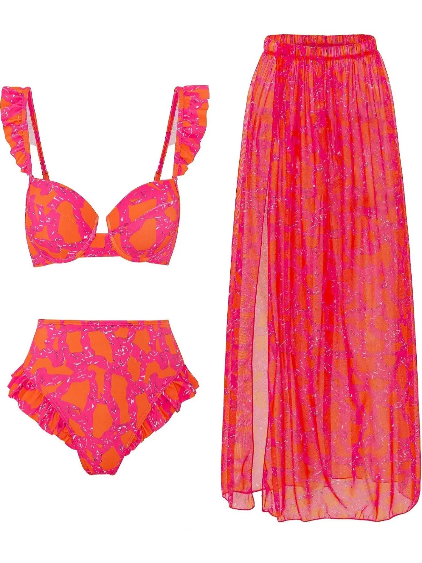 Three-Piece Women's All-Over Print Ruffle Trim Swimsuit Set, Boho Sleeveless Swim Top, High-Waist Bottom and Split-Thigh Cover-Up Skirt, Summer Swimwear, Bikini With Skirt