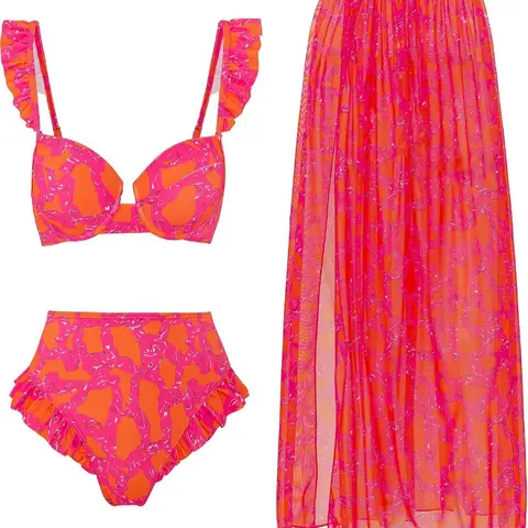 Three-Piece Women's All-Over Print Ruffle Trim Swimsuit Set, Swimsuit Outfits, Boho Sleeveless Swim Top, High-Waist Bottom and Split-Thigh Cover-Up Skirt, Summer Swimwear, Bikini With Skirt, Summer Beach Swimsuit