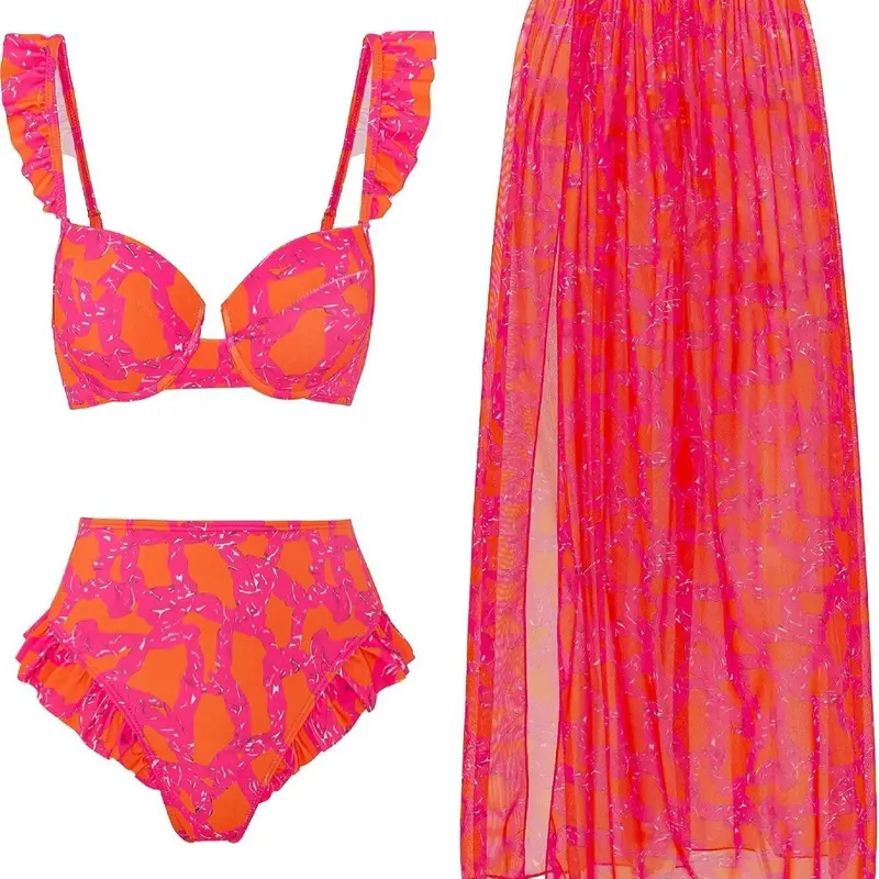 Three-Piece Women's All-Over Print Ruffle Trim Swimsuit Set, Swimsuit Outfits, Boho Sleeveless Swim Top, High-Waist Bottom and Split-Thigh Cover-Up Skirt, Summer Swimwear, Bikini With Skirt, Summer Beach Swimsuit