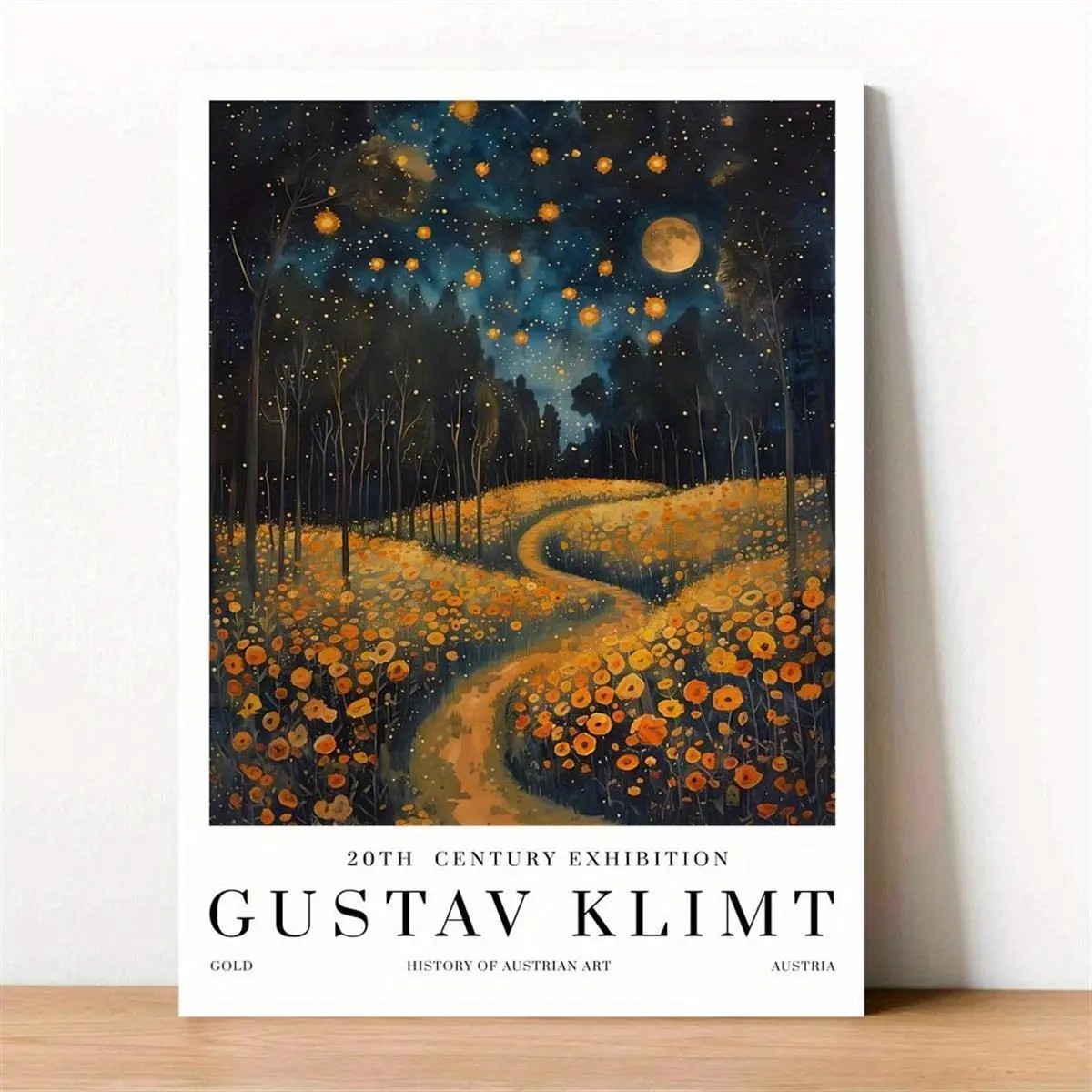 Gustav Klimt Canvas Art Print Poster - Frameless Wall Hanging Decor - Art Deco Classic Modern Style - Transverse Landscape Painting for Home Office, Living Room, Bedroom - Indoor & Outdoor Starry Sky Forest Scene with Moon & Stars Ornaments Decoration
