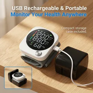 White Rechargeable Wrist Blood Pressure Monitor for Home Use LED Display Voice Broadcast Touch Screen 99x2 Reading Memory with Carrying Case Portable Accurate Reading.
