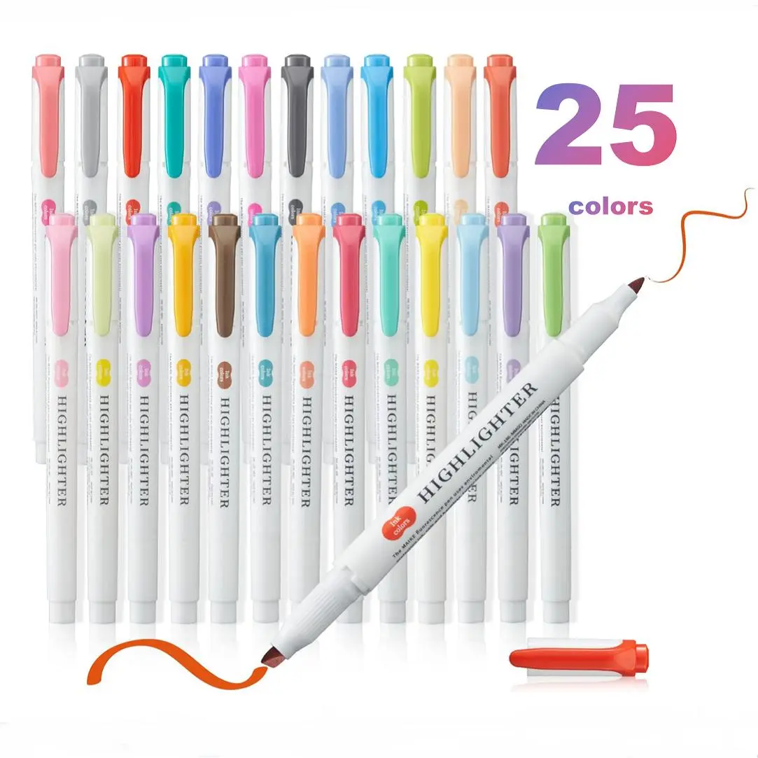 Colorful Highlighter Pen, 25pcs Chisel & Fine Tip Double Ended Smooth Highlighter Pen, Highlighter Pen for Art Writing School Home Dormitory, Dual End Marker, Dual Tip Highlighters
