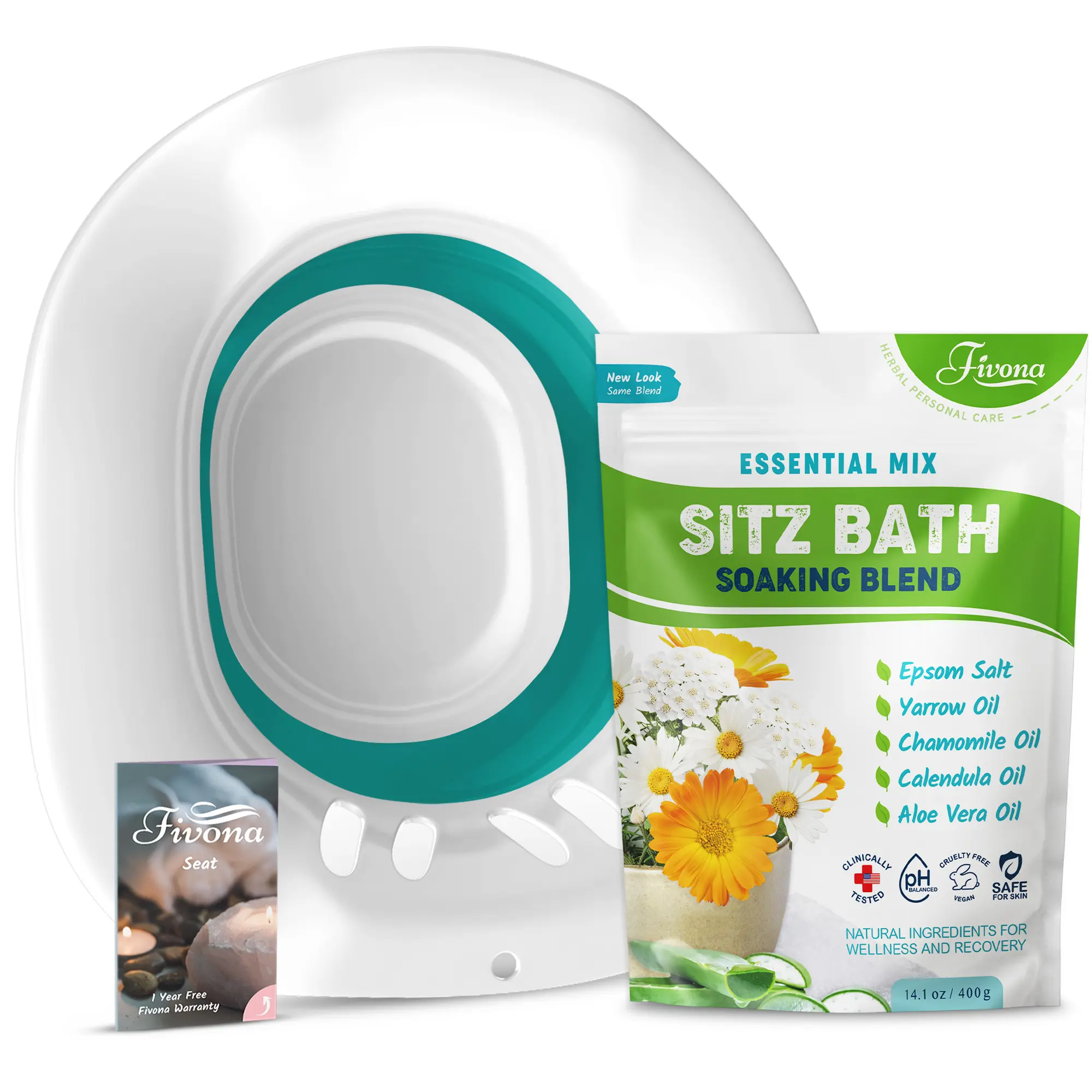[FIVONA] 2-in-1 Over-The-Toilet Sitz Bath Soak Kit with Gentle Epsom Salt-Chamomile Natural Oil Blend for Hemorrhoids, Postpartum Perineal Care, Daily Body Care & Storage Compatibility, Relief, Essential Oils, Seat, Non Toxic, Adults