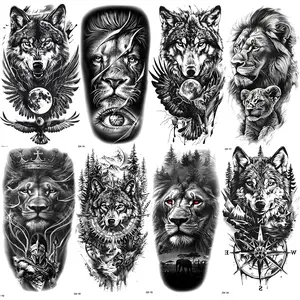 Waterproof Animal Temporary Tattoo Stickers, Realistic Lion Wolf Forest Compass Eagle Moon Eye Designs, Arm Leg Tattoos for Adults Men Women, Fake Tattoos