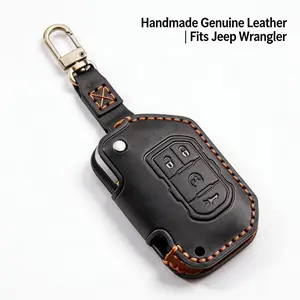 Handmade Genuine Leather Key Fob Cover for Jeep Wrangler JL JK Gladiator 4 Button, Crazy Horse Leather Car Key Case with Key Strap, Durable Key Protector