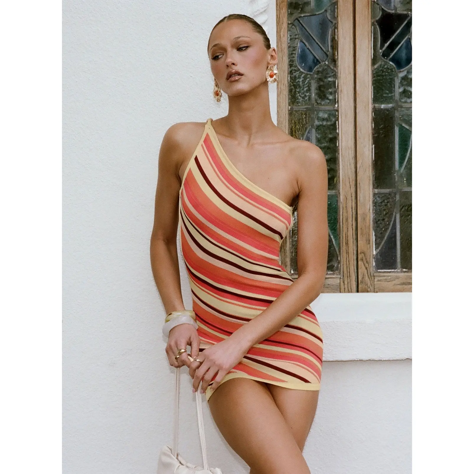 Zadena Asymmetrical Low Back Knit Mini Dress Multi Stripe