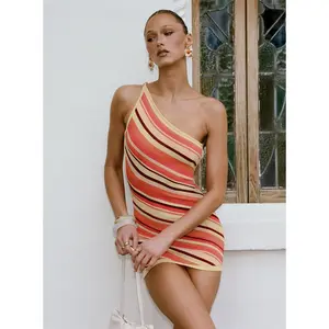 Zadena Asymmetrical Low Back Knit Mini Dress Multi Stripe