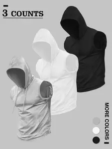 Men's 3-Pack Sleeveless Hoodies - Premium Performance Fabric, Drawstring Hood, Kangaroo Pocket, Available in Grey/White/Black, Perfect for Gym Training, Streetwear, Casual Layering & Essential Wardrobe Staples, Multipack Athletic Hoodies