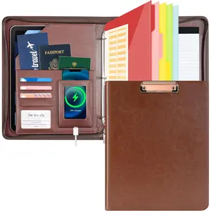 Zippered Padfolio Organizer, Faux Leather 3 Ring Binder with Clipboard, Letter Size Business Portfolio with Notepad, Tablet Sleeve & Phone Pockets for Office Work Brown