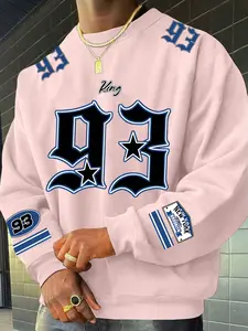 Men's Loose Fit Graphic Sweatshirt, Casual Fitted Long Sleeve Top, Kangaroo Pocket Design, Minimalist Style, All Seasons Wear