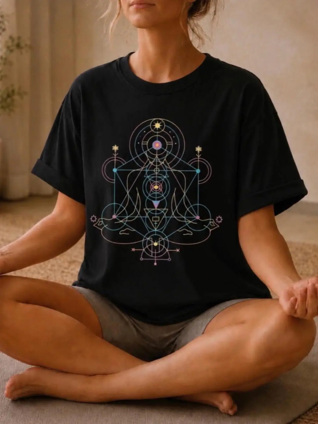 Organic SACRED ALIGNMENT Cotton Tee, Spiritual Graphic T-Shirt, Colorful Chakra Top, Women's Fashion, Sustainable, Eco-Friendly, Unisex Fit [GOTS + OCS Certified]