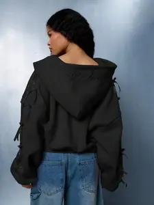 SUMWON WOMEN Society Summer Cropped Hoodie Ribbon Sleeves Embroidered Logo Zip Front Sweatshirt Bow Detail Autumn Winter Streetwear Casual Athleisure