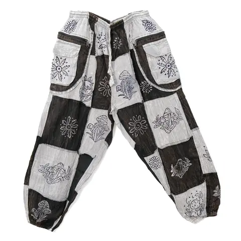 Women's Patchwork Cotton Jogger Pants - Plus Size Alt Whimsical Goth-Boho Clothing, Stonewashed, Multi-Pockets, Mushroom Prints, Baggy Cargo Style, Adjustable Waist, Unisex-Fit Bottoms, Plus Size Women's Clothing