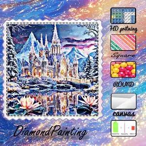 DIY 5D Flock Cloth Diamond Painting Craft Kit, AB Rhinestones, Fairy Dust Rhinestones, Crystal Rhinestones, Castle, Mountain Range, Lake Diamond Embroidery, Diamond Art Kit with Special Techniques, Wall Decoration, Gift for Family, Loved Ones, and Friends