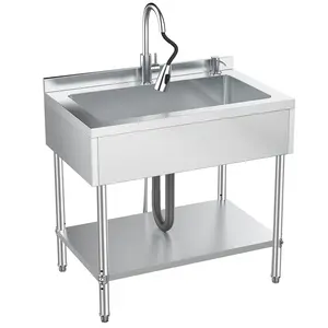Stainless Steel Utility Sink, Free Standing Single Bowl Commercial Kitchen Sink w/Workbench & Storage Shelf, w/Hot & Cold Water Pipes & Faucet for Laundry Room, Farmhouse, Indoor/Outdoor