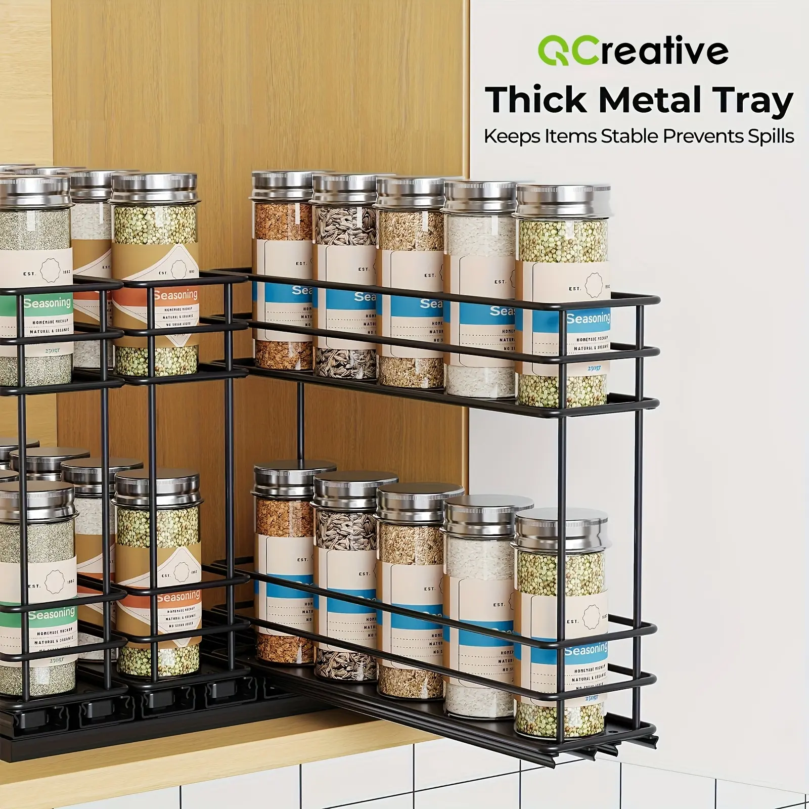 3pcs Cabinet Pull Out Double Tier Spice Rack Organizer, Double Rail Large Capacity Slide Out Spice Rack Organizer, Slide Out Spice Rack, Durable And Easy to Install Kitchen Spice Organizer, Kitchen Accessories, Home Accessories, Utility Racks