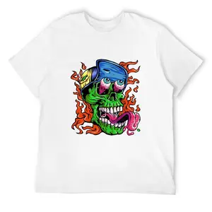 Menswear Retro Skate Zombie Skull Heavyweight T-Shirt - 180gsm Premium Customized Elastic Breathable Cotton Fabric, Short-Sleeve 90s Streetwear Flame Graphic, White Crewneck Casual Top for Men, Deo Merch Frisco Orange Deborah Funny Tee