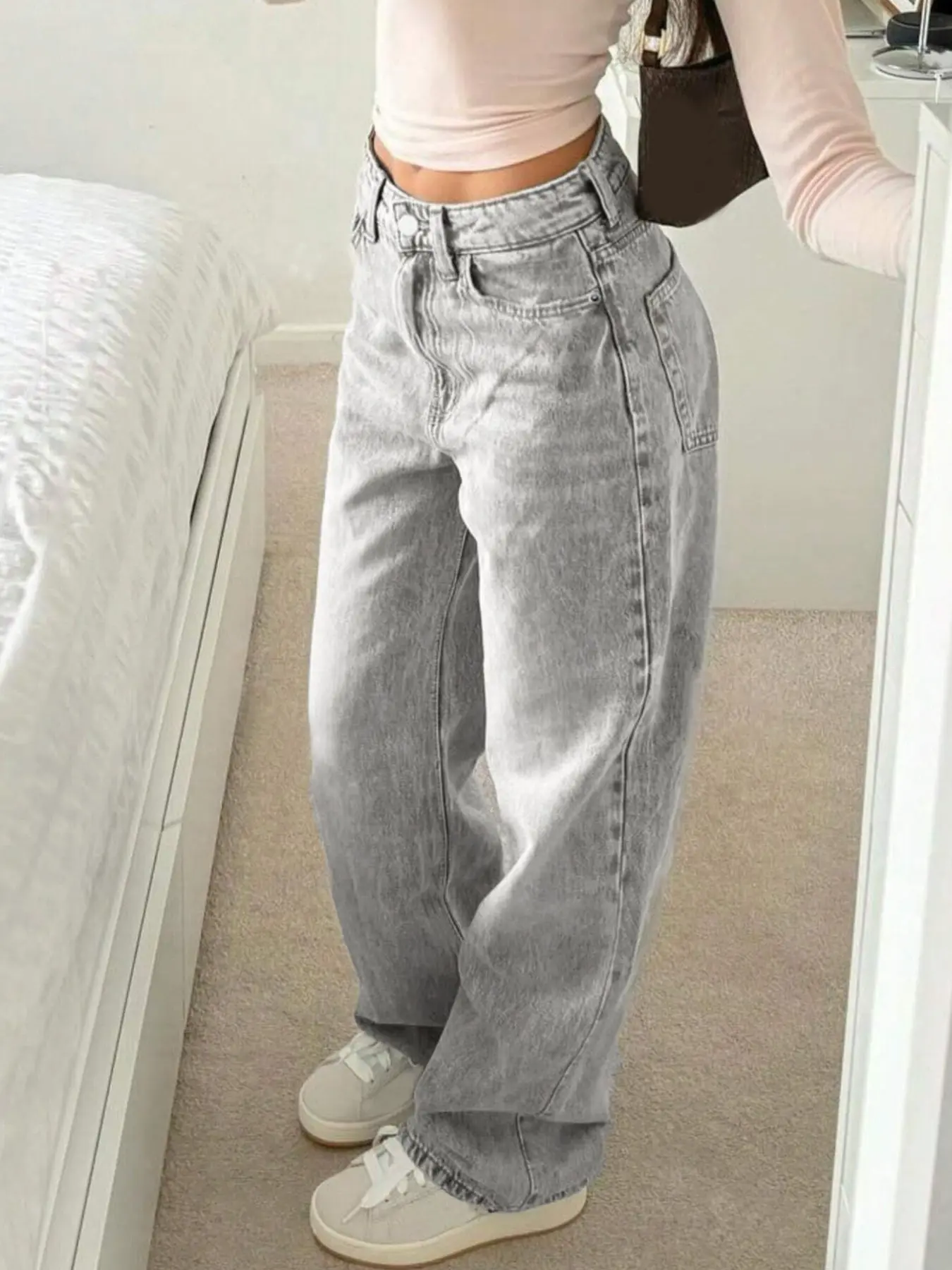 Women's Y2K Casual Straight Leg Washed Jeans, Loose-Fit Daily Wear, All Seasons, Plain Surface, Unlined, Comfortable and Versatile