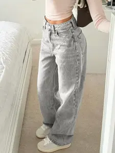 Women's Casual All-Season Straight Leg Vintage Washed Denim Jeans, Fitted Classic Style, Daily Wear Jeans for Women, Womenswear Bottom