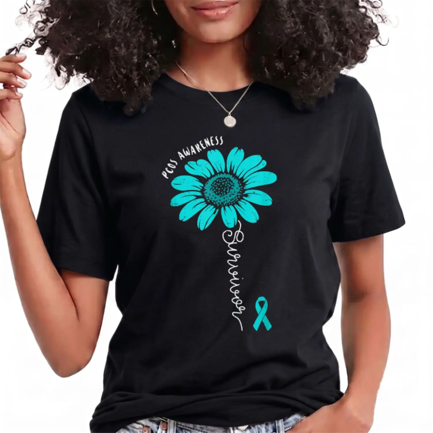 100% Cotton Top Survivor Flower PCOS Awareness Ribbon Teal Support Womens T-Shirt