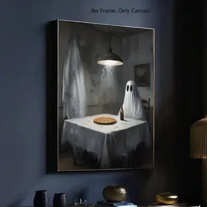 Retro Ghosts & Pizza Wall Art, Halloween Kitchen Decor, Horror Theme Painting for Living Room & Bedroom, Unique Gift Idea